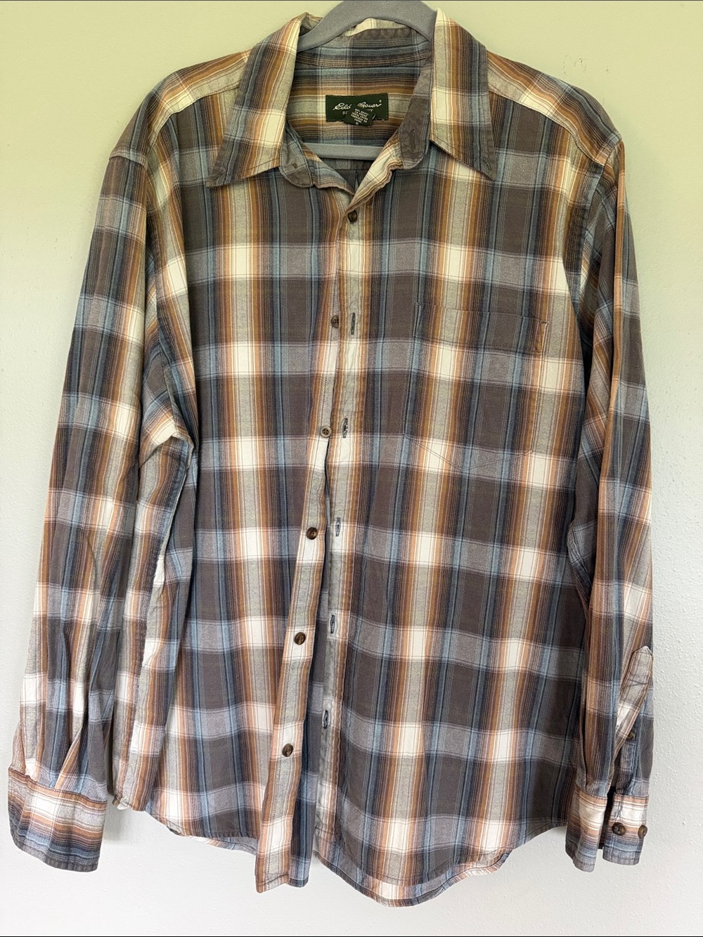 Eddie Bauer Plaid Button-Down Shirt in Brown, Blue, Gray & Cream